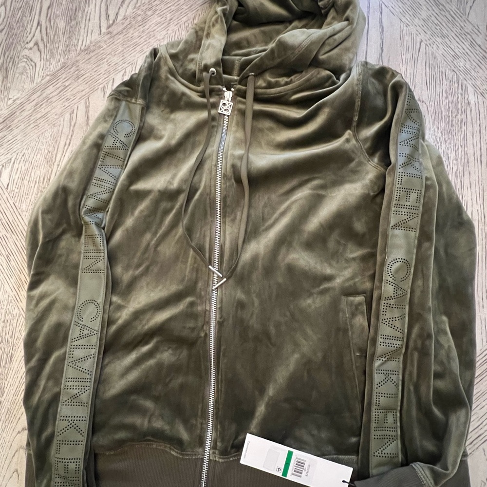 NEW, Large, Green Calvin Klein Velvour Pleather Trimmed Zip-Front Hoodie